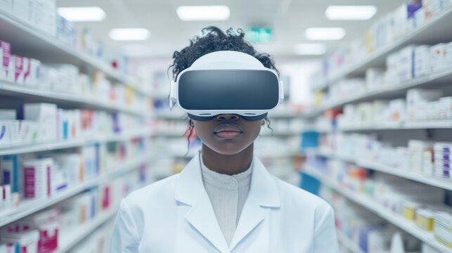 African woman wearing virtual reality headset in pharmacy aisle representing immersive healthcare training digital medicine education future retail technology augmented pharmaceutical experience today
