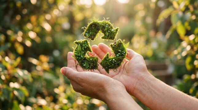 Natural hands protecting plant based recycling symbol above soil illustrating green lifestyle environmental care renewable future and responsible consumption sustainable development worldwide today