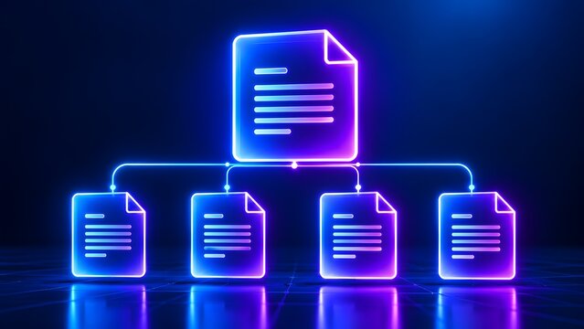 Glowing neon digital document hierarchy diagram representing file organization network structure and corporate data management workflow.