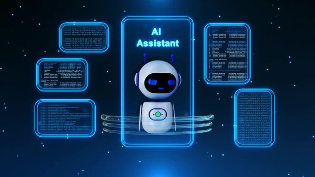 Robot avatar code windows represents a virtual assistant conversational AI neon interface, blue data panels, curved light accents chatbot explainers, coding tools, digital support, software marketing