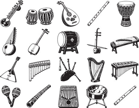 Traditional World Music Instruments Including Sitar Tabla Oud Djembe Shamisen Erhu Bagpipes Harp Marimba Kalimba and Steel Drum