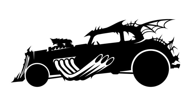 A spooky silhouette of a gothic hot rod car featuring monster exhaust pipes, bat wings, and sharp spikes for dark fantasy designs.