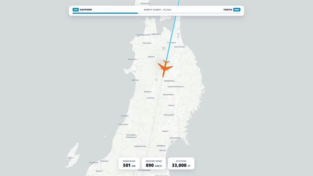 Flight Route Map from Sapporo to Tokyo with Airplane and Telemetry HUD 4K Animation