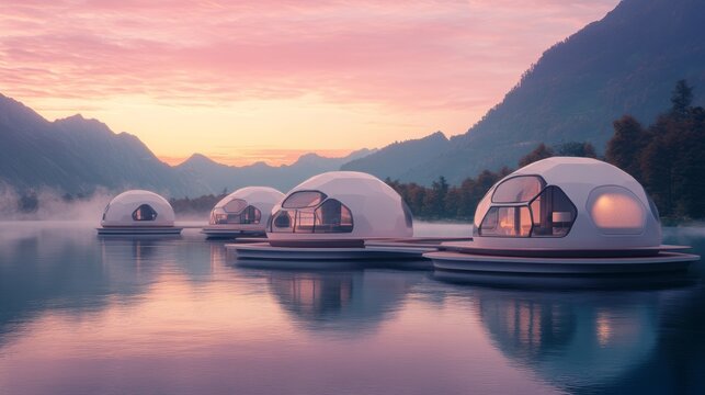 Futuristic floating eco homes on calm mountain lake at sunrise with glass dome cabins smart sustainable architecture luxury travel retreat concept peaceful water landscape and innovative resort design