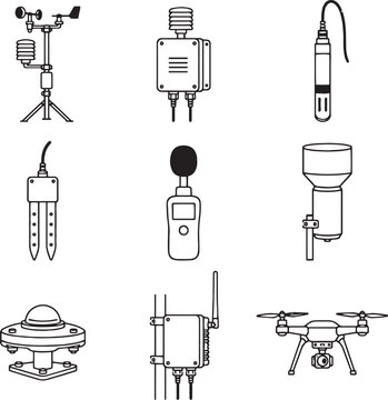 Environmental Monitoring Equipment Line Art Set with Weather Station Soil Moisture Sensor Rain Gauge Sound Level Meter Pyranometer and Drone