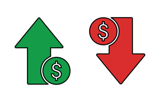 Green arrow pointing up next to a red arrow pointing down with dollar signs symbolizing financial growth and decline