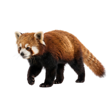 Red panda walking across a clean transparent surface while showcasing its thick reddish-brown fur.