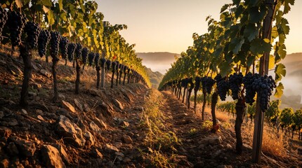 Fototapeta premium Rows of purple grapes grow on steep rocky hillside during golden hour. Vineyards stretch across hills with morning mist in valley. ripe fruit clusters hang from vines in sunlit wine country landscape