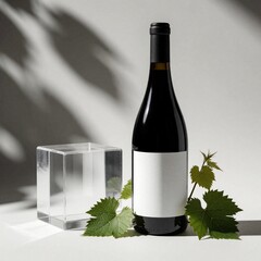 Fototapeta premium Elegant wine bottle mockup with blank white label on minimalist grey background. Green grapevine leaves decorate glass bottle near clear acrylic cube. Studio shot for alcohol branding, product