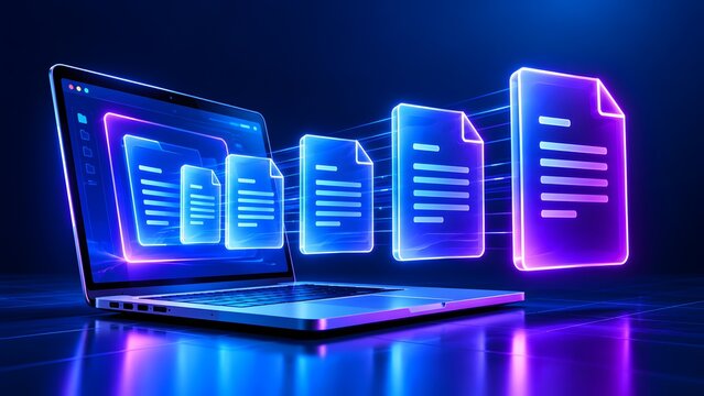 Digital document management system concept with glowing neon text files transferring out of a modern laptop screen representing paperless workflow