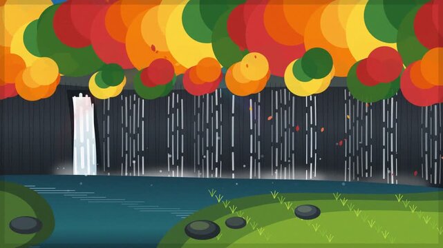 vector illustration of a scenic autumn landscape with colorful overlapping circles representing trees, a waterfall, river, and rocks