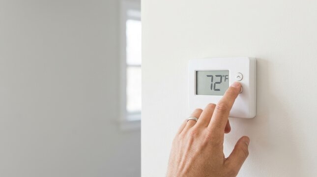 Hand adjusting thermostat temperature on a white wall. Smart home climate control and energy saving
