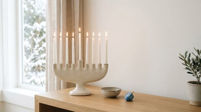 Traditional menorah with lit candles on a wooden table. Hanukkah holiday celebration