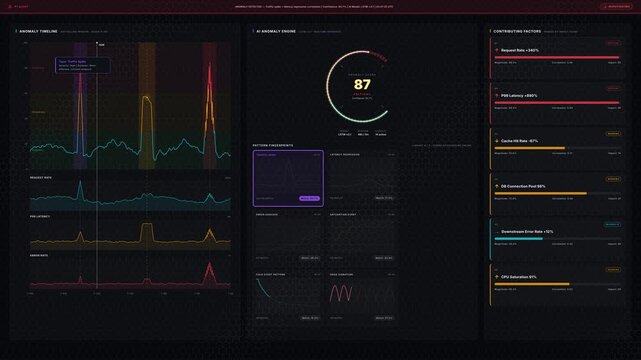 Explore an AI-powered API anomaly detection dashboard illustrating traffic spikes, latency regressions, and failure patterns in a captivating dark-themed interface.