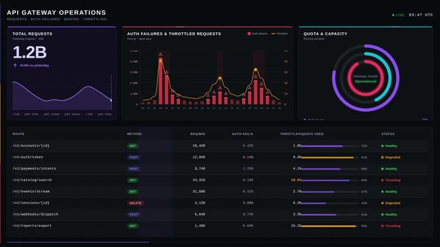 Explore the sleek, ultra-premium dark mode API Gateway Operations Dashboard showcasing requests, auth failures, quotas, and throttling metrics in a high-tech environment.