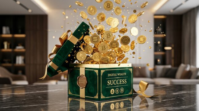 Open luxury gift box overflowing with shiny coins and golden confetti on modern table creating joyful wealth reward success celebration and prosperity surprise scene premium festive advertising glow