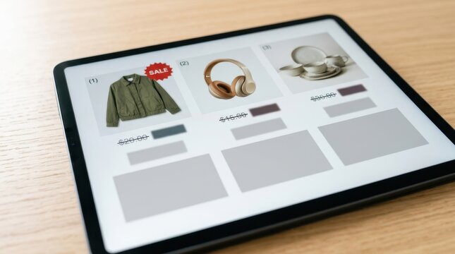 Tablet computer showing discounted products and online shopping deals on a wooden desk. E-commerce and sale concept