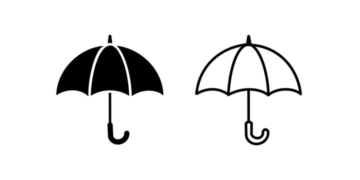 Black umbrella vector icons with solid outline styles showing weather concepts.
