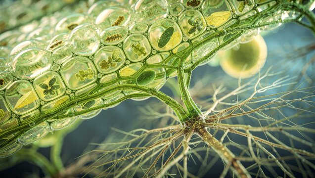 Ultra detailed microscopic plant tissue with transparent cell walls chloroplasts bubbles and glowing fibers creating scientific biology scene for botany research ecology education organic structure