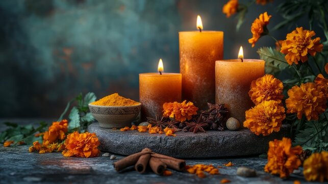 Luxury spa still life with glowing candles flowers herbs and textured towel on dark stone surface creating relaxing wellness atmosphere aromatherapy treatment beauty care and peaceful self care ritual