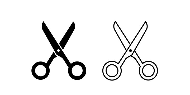 Black silhouette and linear scissors icon set on checkered transparent background.