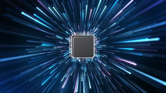 A central microchip radiating neon trails signifies computing power, processor performance, digital data speed. rays, metallic contacts dark backdrop suit hardware explainers technology innovation