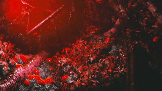 In a captivating underwater landscape, glowing red objects scatter among dark coral formations and twisting metal structures, evoking a sense of mystery and intrigue in the depths.