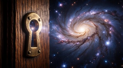 Fototapeta premium Cosmic nebula, spiral galaxy visible through old wooden door keyhole. Golden brass lock plate on dark wood texture creates mystery portal to space. Glowing stars, deep universe view offer dreamlike
