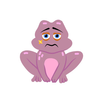Sad injured frog cartoon character, hurt mascot emoticon.