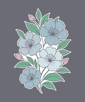 Blue flowers blossoming with green leaves and pink buds