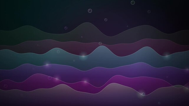 Abstract layered waves in deep purple and teal tones with scattered glowing particles against a dark background.