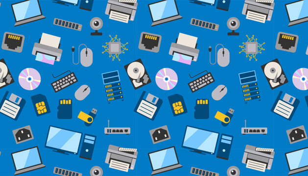 Seamless retro pixel art pattern with vintage computers and gaming monitors vector background