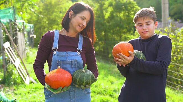 Happy mother and teenager son having fun harvesting organic pumpking during fall season at house vegetable garden - Farmer lifestyle, family people and autumn season concept - UGC content