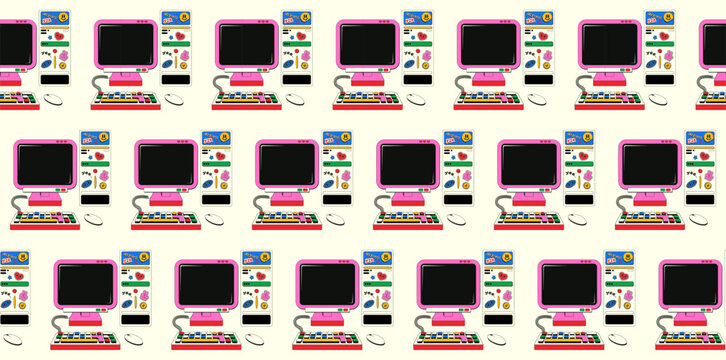 Seamless retro pixel art pattern with vintage computers and gaming monitors vector background