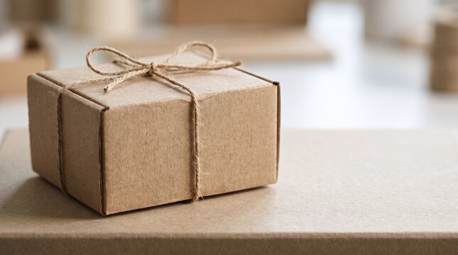 Brown cardboard box tied with natural twine sits on a surface with blurred background elements