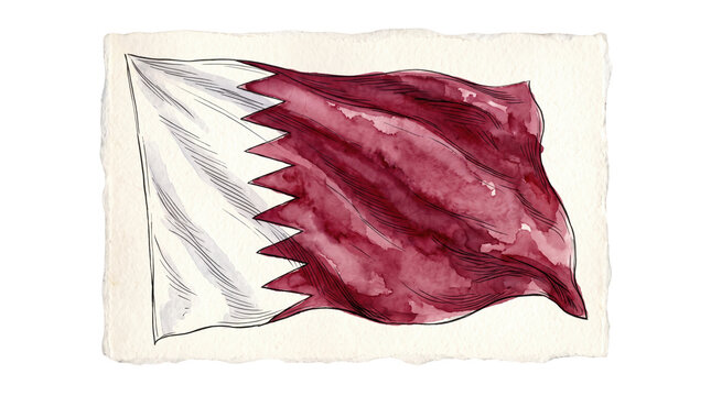 Watercolor artwork close up of the maroon Qatari flag with nine serrated white edges