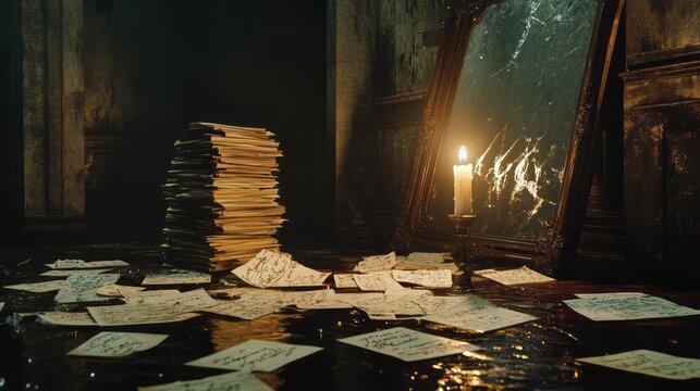 Old forgotten room filled with paper stacks notes and candlelight under a damaged roof opening showing ruined archive documents secret history dusty textures dramatic investigation mood and cinematic
