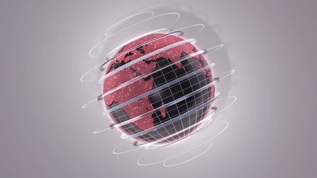 Red digital globe silver orbit rings pale background global news broadcast. continents and geographic grid lines give clear international theme for channel openers, current affairs media reporting.