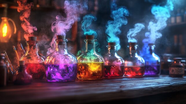 Vintage potion bottles with bright vapor clouds and luminous liquids on dark background showing fantasy alchemy magic laboratory chemistry creativity mysterious energy enchanted glassware arrangement