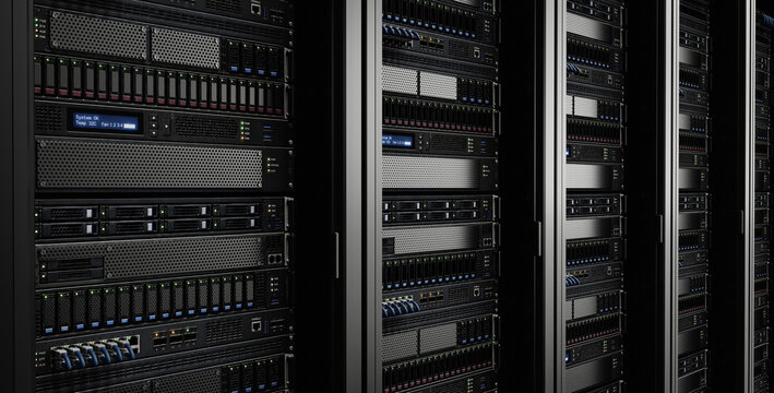 3D render, illustration of rows of server racks with storage drives, status lights and blue network cables, representing data center hardware and digital infrastructure.