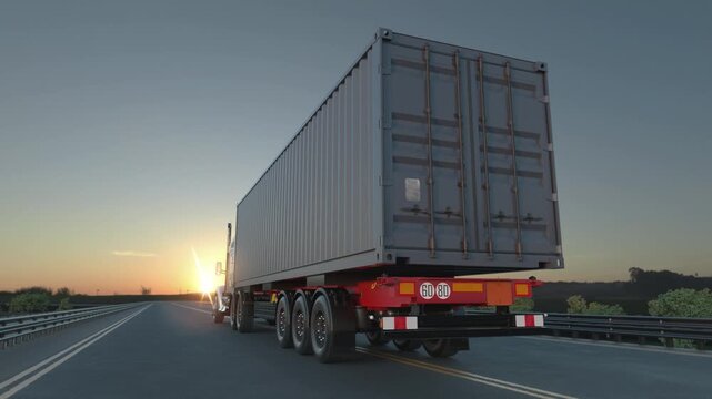 3D render, illustration animation of a container truck traveling along a highway at sunset, viewed from behind with trailer doors, wheels and rear lights visible.
