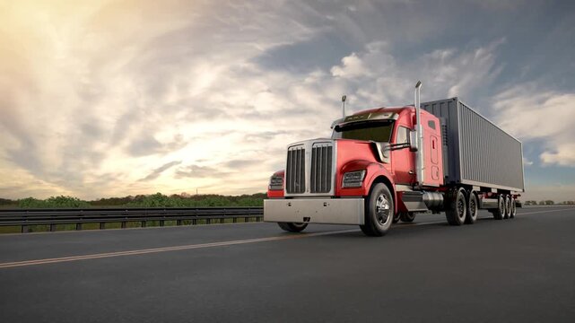 3D render, illustration animation of a red semi truck hauling a gray shipping container along a highway, viewed from the front beneath a clouded sky.