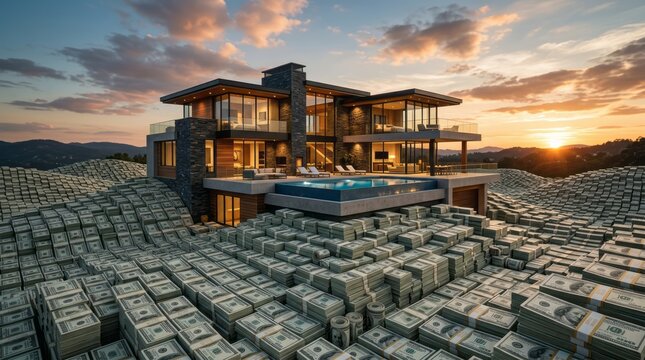 Modern luxury villa with infinity pool on hillside at dusk showing elegant architecture outdoor terraces resort lifestyle real estate design vacation home premium coastal living atmosphere scene view