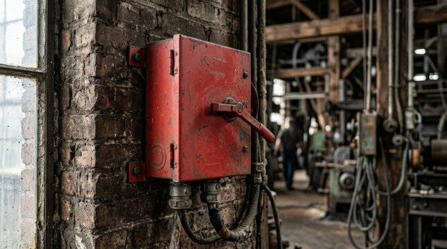 A close up view of an industrial red fuse box mounted on an aged brick wall inside a rustic factory setting, featuring metallic textures, wiring, and a heavy-duty switch handle