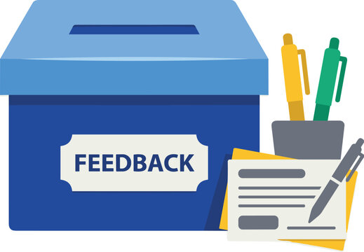 Guest feedback box with pens and comment cards, paper cut style vector illustration with solid colors