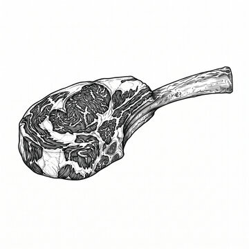 Hand drawn tomahawk beef steak illustration in engraving style, vintage raw ribeye chop vector isolated on white background