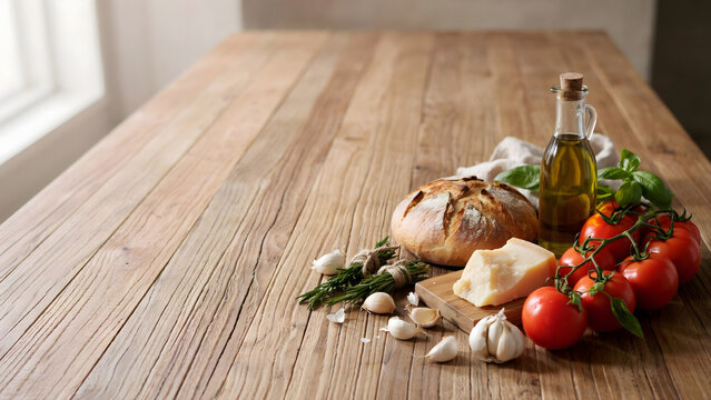 Italian Ingredients on Rustic Table: A rustic wooden table displays fresh ingredients for an authentic Italian meal, including crusty bread, ripe tomatoes, garlic, basil, olive oil.