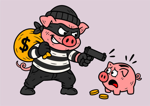 Masked pig robber holding piggy bank at gunpoint cartoon illustration