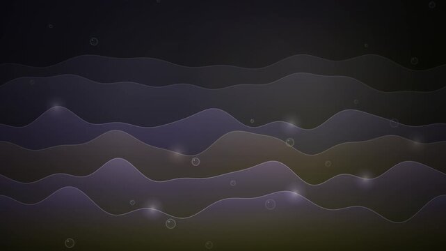 Layered translucent waves ripple gently across a dark purple canvas dotted with soft floating bubbles and glowing points of light.