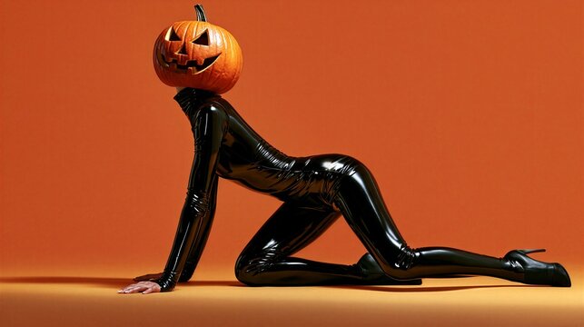 Woman in Black Latex Holding Jack O'Lantern Against Orange Background